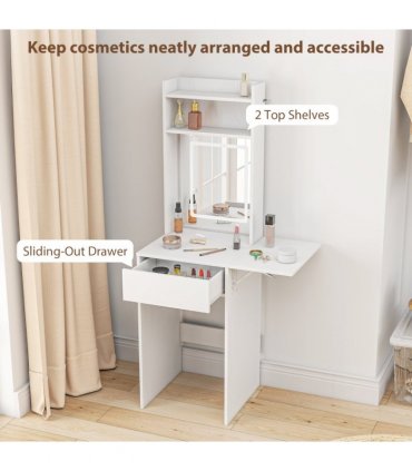 HOMCOM Compact Dressing Table with Lighted Mirror Open Shelves Drawer White