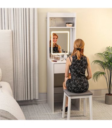 HOMCOM Compact Dressing Table with Lighted Mirror Open Shelves Drawer White