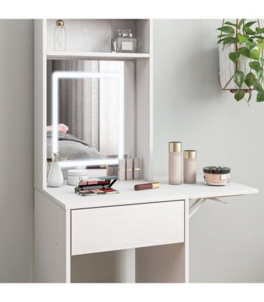 HOMCOM Compact Dressing Table with Lighted Mirror Open Shelves Drawer White