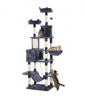PawHut 206cm Cat Tree with Scratching Posts, Beds, Condos, Toys, Dark Grey