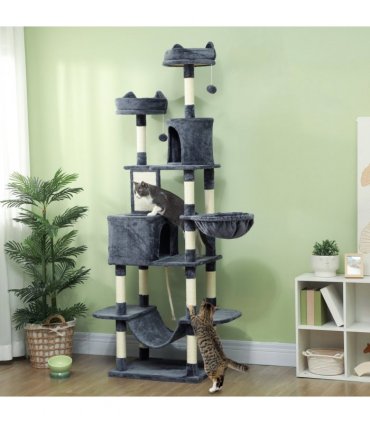 PawHut 206cm Cat Tree with Scratching Posts, Beds, Condos, Toys, Dark Grey