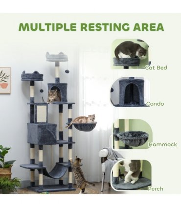 PawHut 206cm Cat Tree with Scratching Posts, Beds, Condos, Toys, Dark Grey