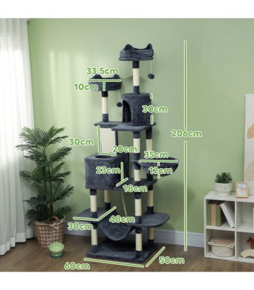 PawHut 206cm Cat Tree with Scratching Posts, Beds, Condos, Toys, Dark Grey