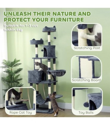 PawHut 206cm Cat Tree with Scratching Posts, Beds, Condos, Toys, Dark Grey