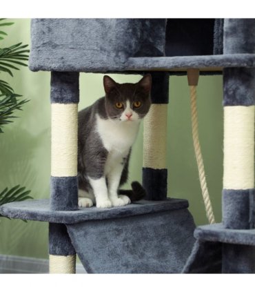 PawHut 206cm Cat Tree with Scratching Posts, Beds, Condos, Toys, Dark Grey