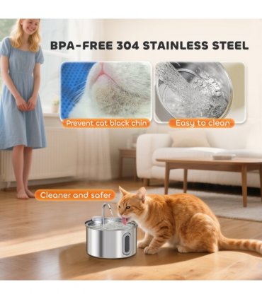 PawHut 2.5L Cat Water Fountain for Drinking Stainless Steel Ultra-Silent