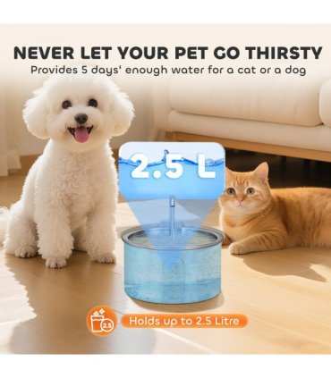 PawHut 2.5L Cat Water Fountain for Drinking Stainless Steel Ultra-Silent
