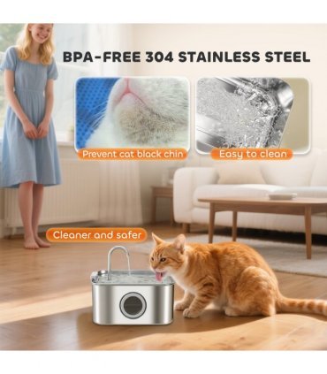 PawHut 3.2L Cat Water Fountain for Drinking Stainless Steel Ultra-Silent