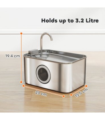 PawHut 3.2L Cat Water Fountain for Drinking Stainless Steel Ultra-Silent