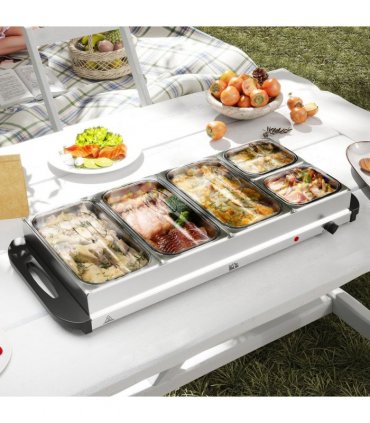 HOMCOM Electric Food Warmer 5 Tray, 9.2L Buffet Server with Lids, Silver