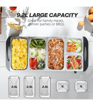 HOMCOM Electric Food Warmer 5 Tray, 9.2L Buffet Server with Lids, Silver