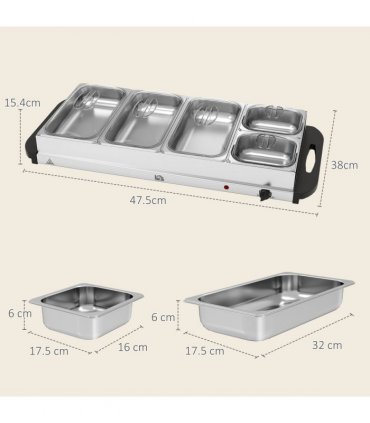 HOMCOM Electric Food Warmer 5 Tray, 9.2L Buffet Server with Lids, Silver