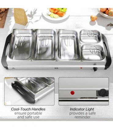 HOMCOM Electric Food Warmer 5 Tray, 9.2L Buffet Server with Lids, Silver
