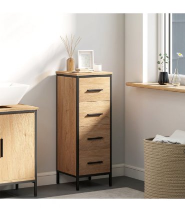 HOMCOM Narrow Bathroom Storage Cabinet with 4 Drawers for Small Spaces, Oak