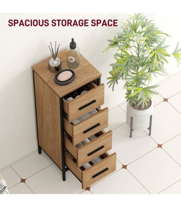 HOMCOM Narrow Bathroom Storage Cabinet with 4 Drawers for Small Spaces, Oak