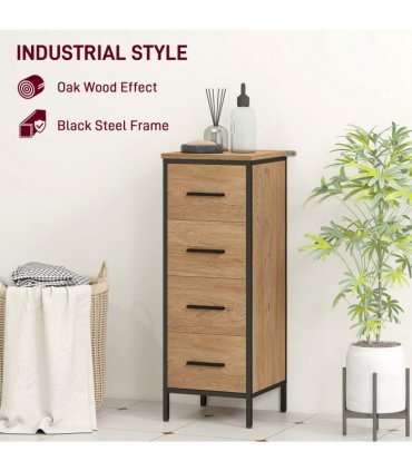 HOMCOM Narrow Bathroom Storage Cabinet with 4 Drawers for Small Spaces, Oak