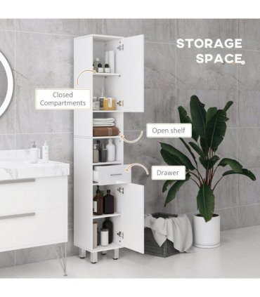 kleankin Tall Narrow Bathroom Storage Cabinet Cupboard w/ Cabinets, White