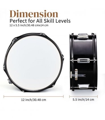 12 x 5.5 inches Professional Marching Snare Drum & Drum Stick & Strap & Wrench Kit Black