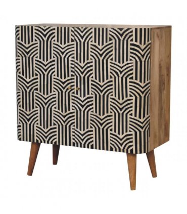 Artisan Furniture Solid Wood Edessa Bone Inlay Cabinet, 2 Shelves, Nordic Legs, Black & White
