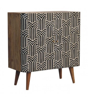 Artisan Furniture Solid Wood Edessa Bone Inlay Cabinet, 2 Shelves, Nordic Legs, Black & White