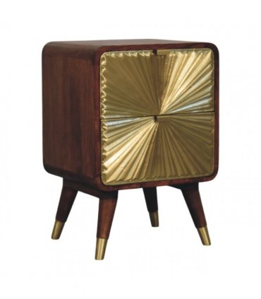 Artisan Furniture Solid Wood Avora Brass Embossed 2 Drawer Chestnut Nightstand, Brown & Golden