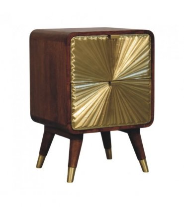 Artisan Furniture Solid Wood Avora Brass Embossed 2 Drawer Chestnut Nightstand, Brown & Golden
