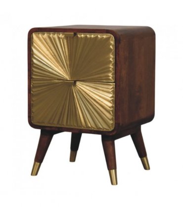 Artisan Furniture Solid Wood Avora Brass Embossed 2 Drawer Chestnut Nightstand, Brown & Golden