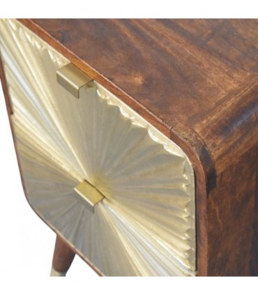 Artisan Furniture Solid Wood Avora Brass Embossed 2 Drawer Chestnut Nightstand, Brown & Golden