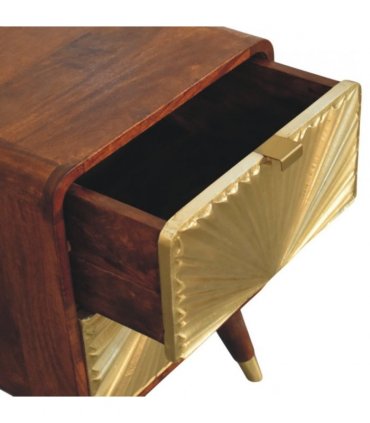 Artisan Furniture Solid Wood Avora Brass Embossed 2 Drawer Chestnut Nightstand, Brown & Golden