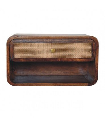 Artisan Furniture Solid Wood Chestnut Wall Mounted Open Woven Bedside, Dark Brown, 1 Drawer, 1 Shelve