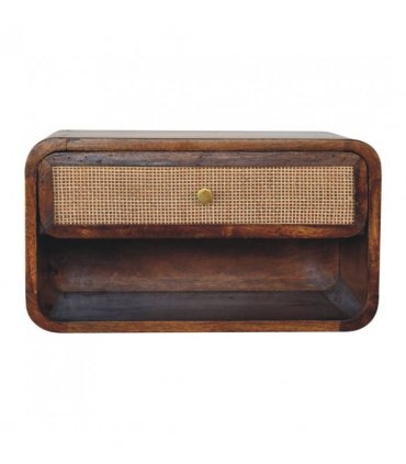 Artisan Furniture Solid Wood Chestnut Wall Mounted Open Woven Bedside, Dark Brown, 1 Drawer, 1 Shelve