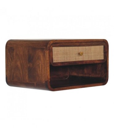 Artisan Furniture Solid Wood Chestnut Wall Mounted Open Woven Bedside, Dark Brown, 1 Drawer, 1 Shelve