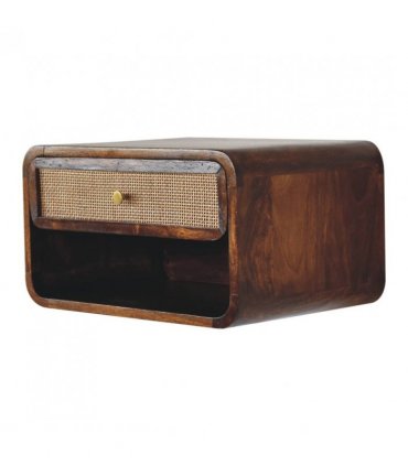 Artisan Furniture Solid Wood Chestnut Wall Mounted Open Woven Bedside, Dark Brown, 1 Drawer, 1 Shelve