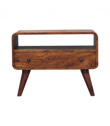 Artisan Furniture Solid Wood Mini Chestnut Curved Media Unit, 1 Drawer, Open-slot, Dark Brown
