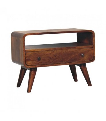 Artisan Furniture Solid Wood Mini Chestnut Curved Media Unit, 1 Drawer, Open-slot, Dark Brown