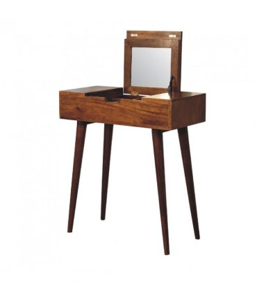Artisan Furniture Solid Wood Mini Chestnut Fold Vanity, 4 Storage compartments with mirror, Brown