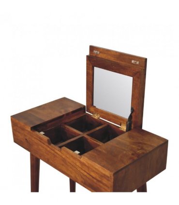 Artisan Furniture Solid Wood Mini Chestnut Fold Vanity, 4 Storage compartments with mirror, Brown