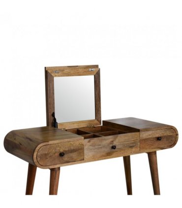 Artisan Furniture Solid Wood Oak-ish Round Dressing Table, 2 Drawers, 4 Storage Compartments with mirror, Beige