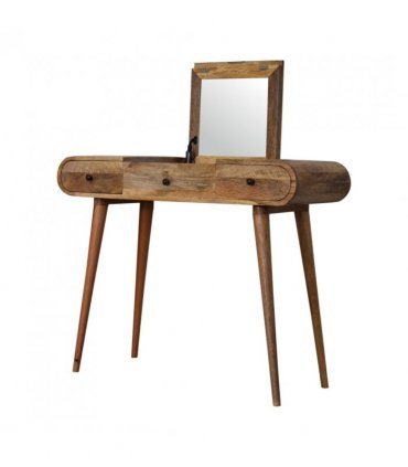 Artisan Furniture Solid Wood Oak-ish Round Dressing Table, 2 Drawers, 4 Storage Compartments with mirror, Beige
