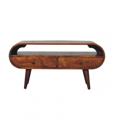 Artisan Furniture Solid Wood Chestnut Circular TV Stand, 2 Drawers, 1 Open Slot, Dark Brown