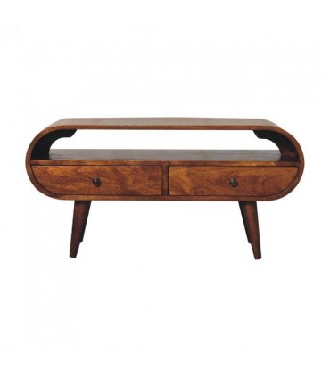 Artisan Furniture Solid Wood Chestnut Circular TV Stand, 2 Drawers, 1 Open Slot, Dark Brown