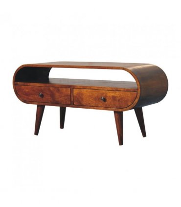 Artisan Furniture Solid Wood Chestnut Circular TV Stand, 2 Drawers, 1 Open Slot, Dark Brown