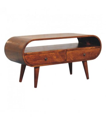 Artisan Furniture Solid Wood Chestnut Circular TV Stand, 2 Drawers, 1 Open Slot, Dark Brown