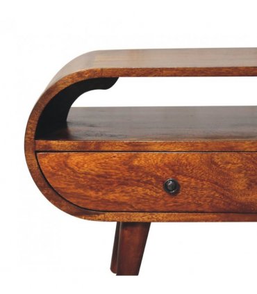 Artisan Furniture Solid Wood Chestnut Circular TV Stand, 2 Drawers, 1 Open Slot, Dark Brown