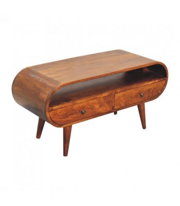 Artisan Furniture Solid Wood Chestnut Circular TV Stand, 2 Drawers, 1 Open Slot, Dark Brown