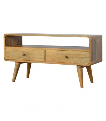 Artisan Furniture Solid Wood Curved Oak-ish Media Unit, 2 Drawers, 1 Open Slot, Brown Color