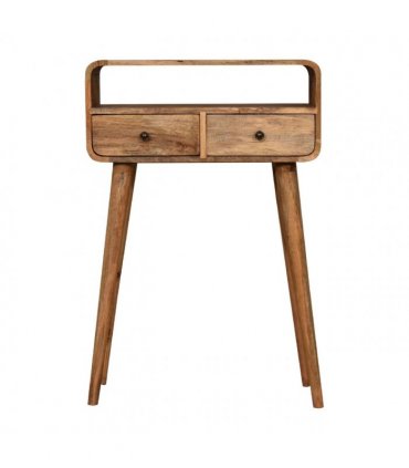 Artisan Furniture Solid Wood Mini Curved Oak-ish Console Table, 2 Drawers, 1 Open Slot, Brown