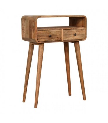 Artisan Furniture Solid Wood Mini Curved Oak-ish Console Table, 2 Drawers, 1 Open Slot, Brown