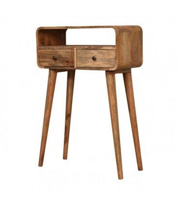 Artisan Furniture Solid Wood Mini Curved Oak-ish Console Table, 2 Drawers, 1 Open Slot, Brown