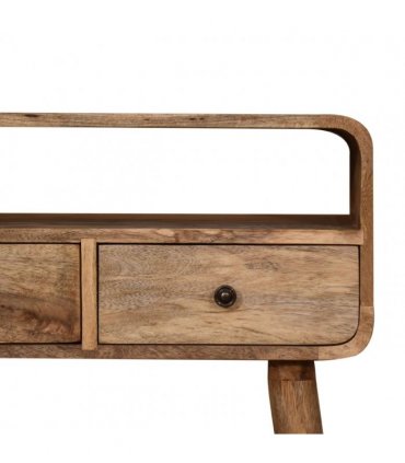 Artisan Furniture Solid Wood Mini Curved Oak-ish Console Table, 2 Drawers, 1 Open Slot, Brown